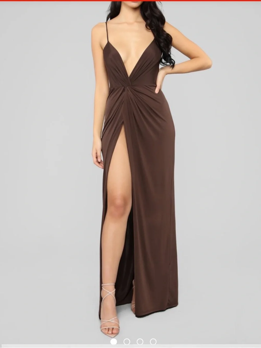 Fashion Nova Dark Brown Twist-Front Plunge high slit Maxi Dress SIZE small
